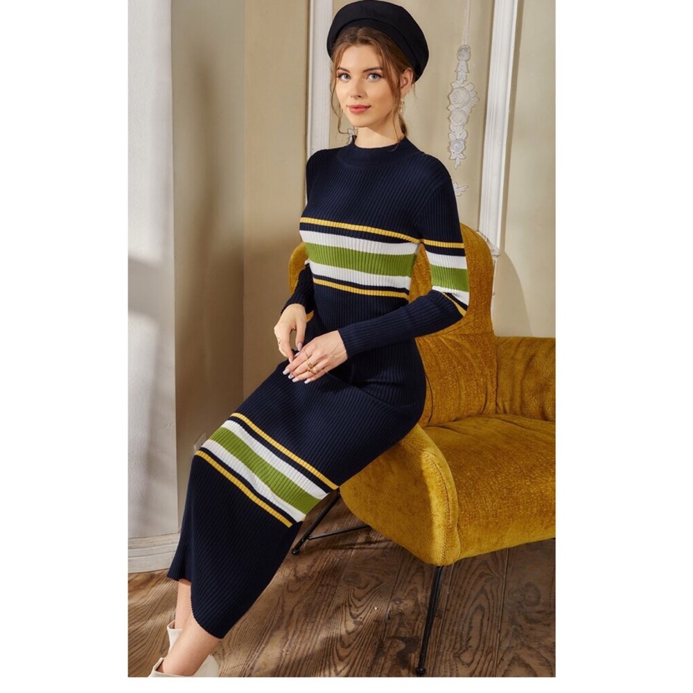 Striped Pattern Fitted Sweater Dress